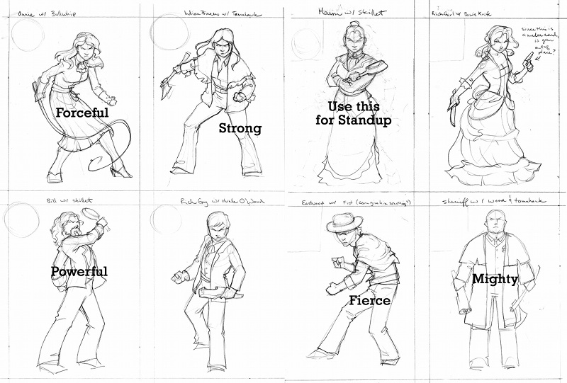 The rough sketches of the characters from High Noon Saloon.